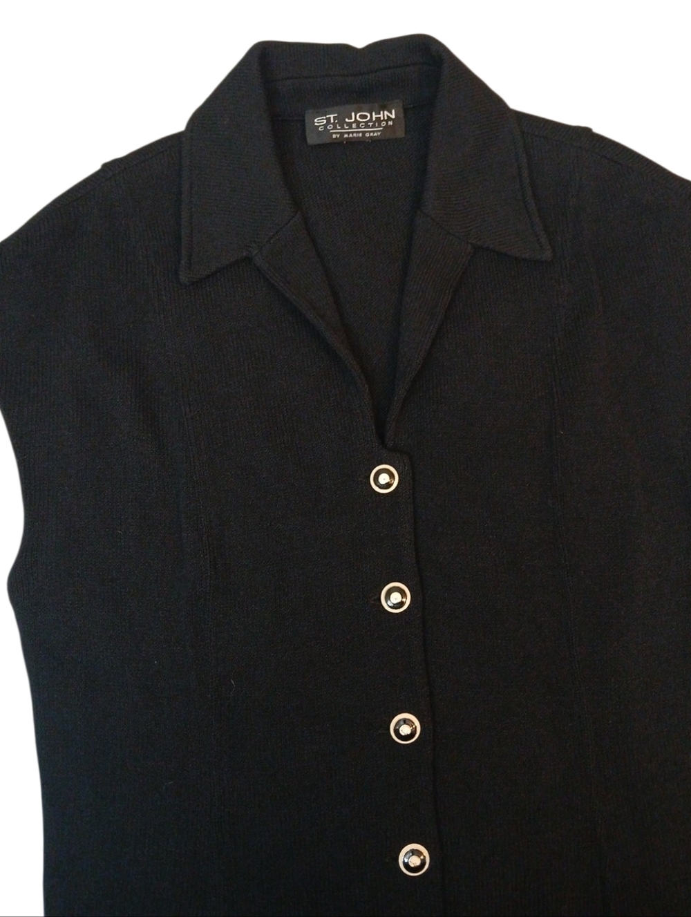 St. John Collection By Marie Gray Black Gold Button Knit Sleeveless Top